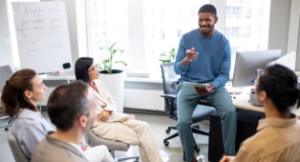 Concerned employee reviewing performance appraisal